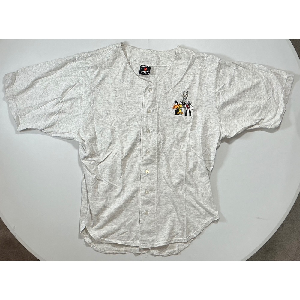 VTG USA Made 90s Looney Tunes Baseball Bugs Daffy Jersey Grey Embroidered L